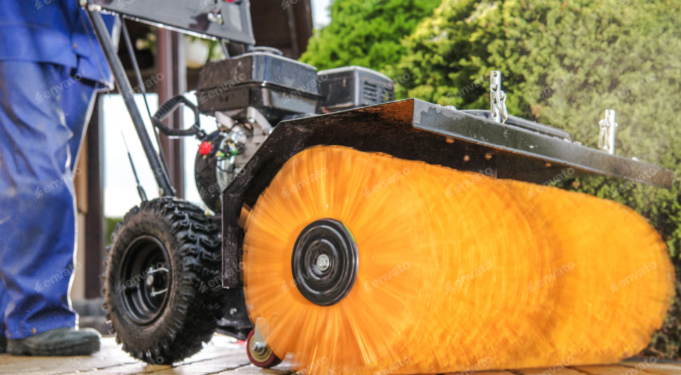 a poly wafer brush in action on a floor sweeper.
