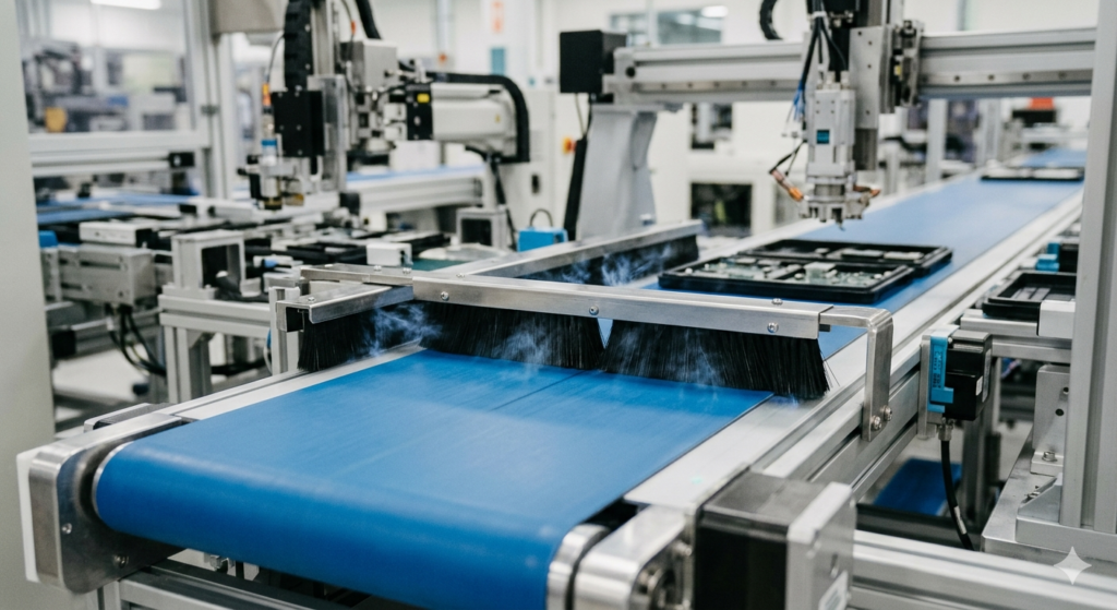 An industrial anti-static strip brush with carbon fiber bristles mounted on a production conveyor line to dissipate static electricity.