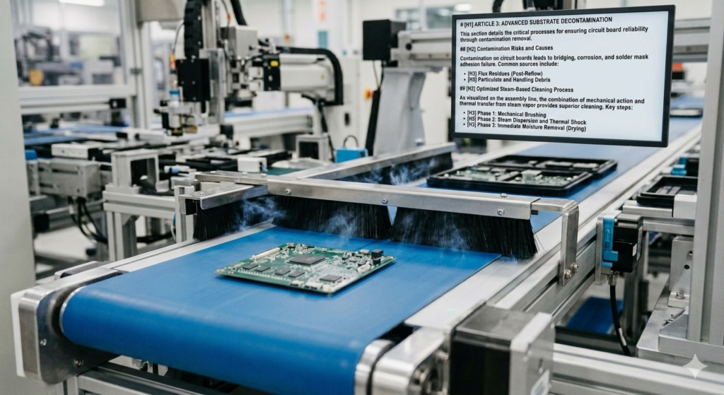An FDA compliant metal detectable food grade strip brush with blue filaments mounted on a stainless steel food processing conveyor.