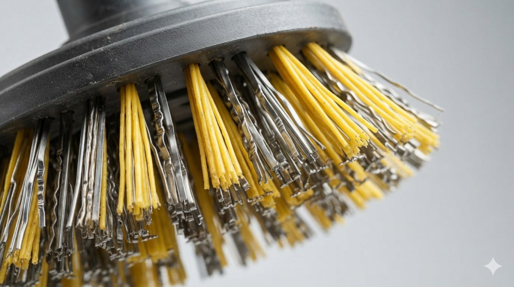 Comparison of road sweeper brush filament materials showing flat steel wire and polypropylene filaments