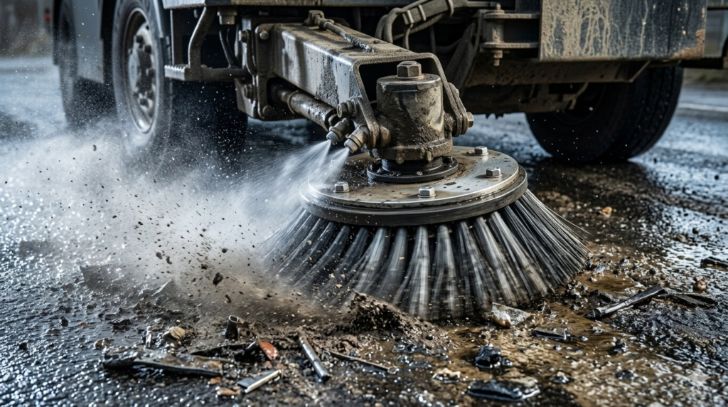 Heavy-duty replacement gutter broom installed on a truck-mounted road sweeper cleaning curbside debris.